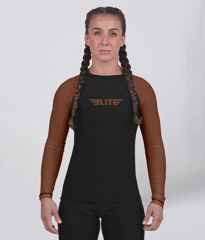elite sports standard brown long sleeve womens no-gi bjj rash guard