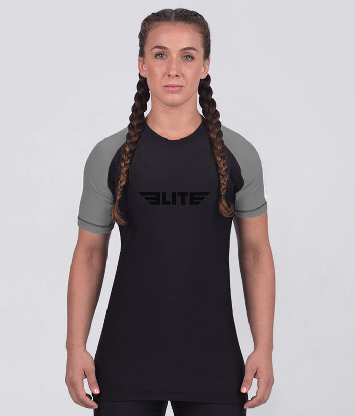 elite sports standard gray short sleeve womens no-gi bjj rash guard