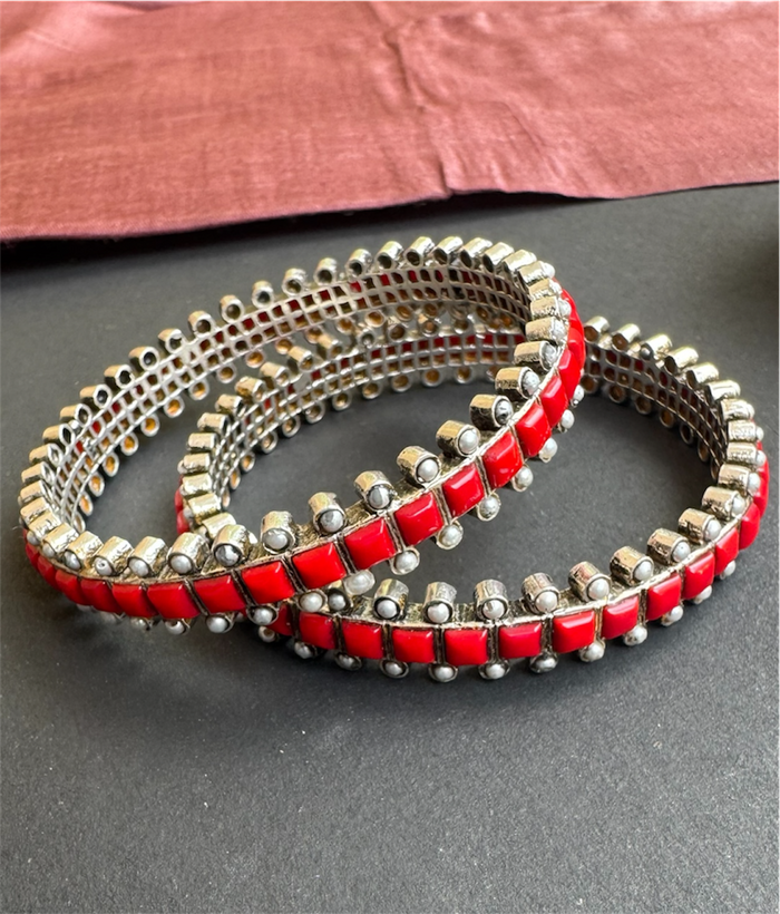 The Rajanya Silver Coral&Pearl Bangle (Oxidised/Size 2.2/2.4/2.6/2.8)