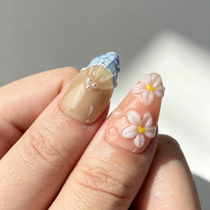 Vibrant Summer Floral Press On Nails, Medium Almond Nude Fake Nails