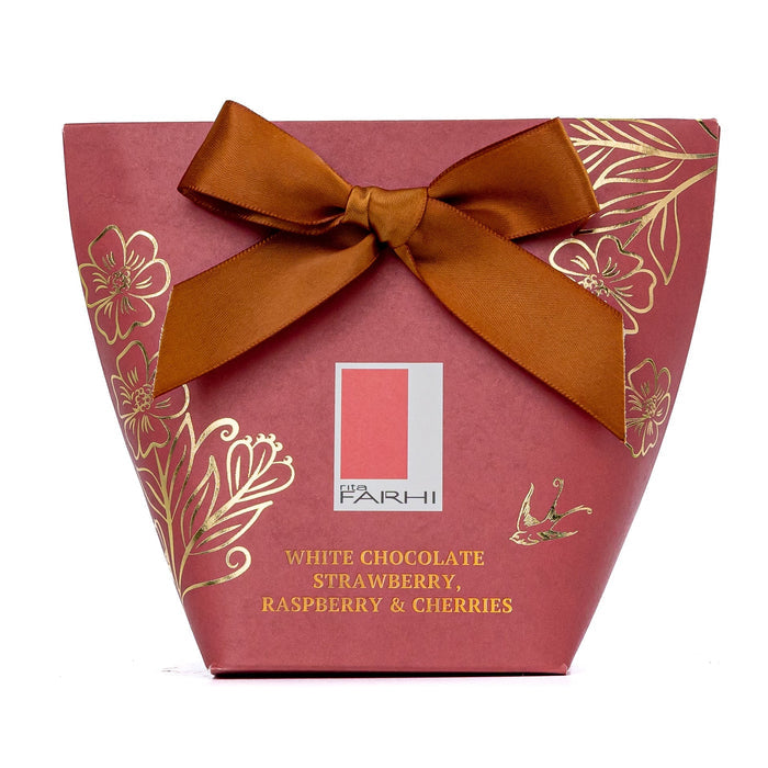 White Chocolate Strawberry, Raspberry & Cherries in Bow Box, Palm Oil Free, 130g