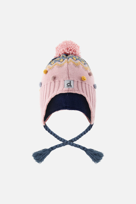 Winter Peruvian Knit Hat With Pompom Pink And Blue Jacquard-0