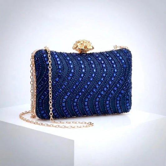 Dark Blue Crystal Bridal Clutch with Gold Chain | Elegant Evening Bag